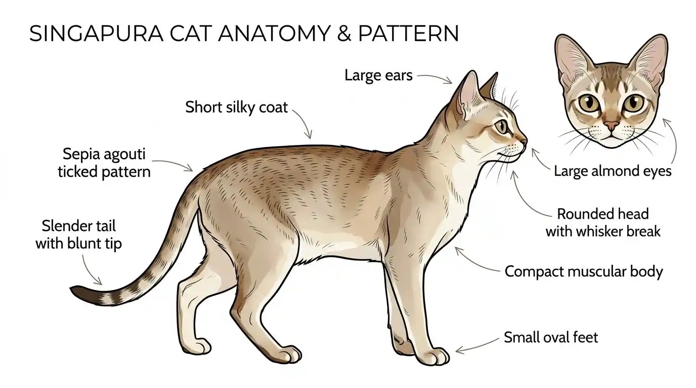 Labeled diagram of Singapura cat highlighting large ears, almond eyes, ticked coat, compact muscular body