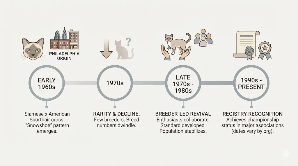 Timeline showing key milestones in Snowshoe cat breed development and recognition
