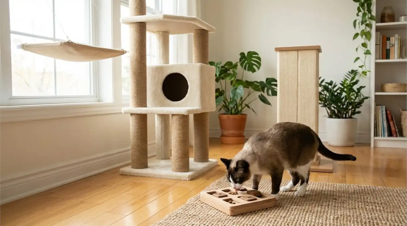 Indoor cat enrichment setup with cat tree, puzzle feeder, toys, and scratching post