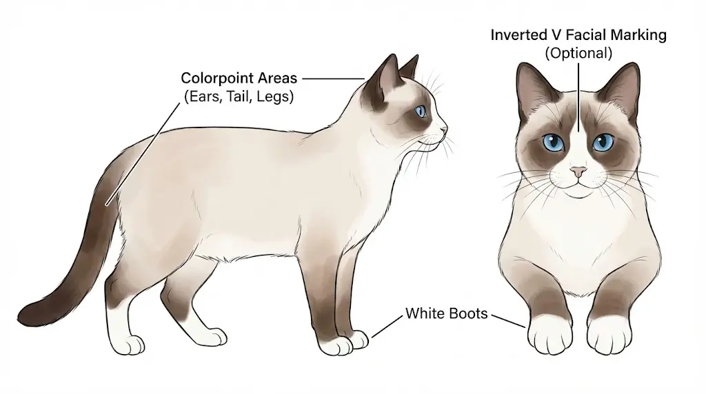 Diagram labeling Snowshoe cat colorpoint areas, white boots, and facial inverted V