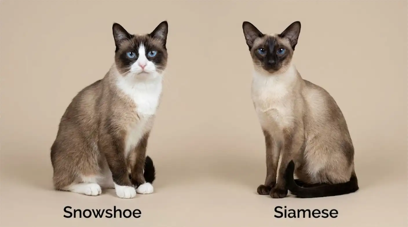 Side-by-side comparison of Snowshoe and Siamese cats highlighting key visual differences