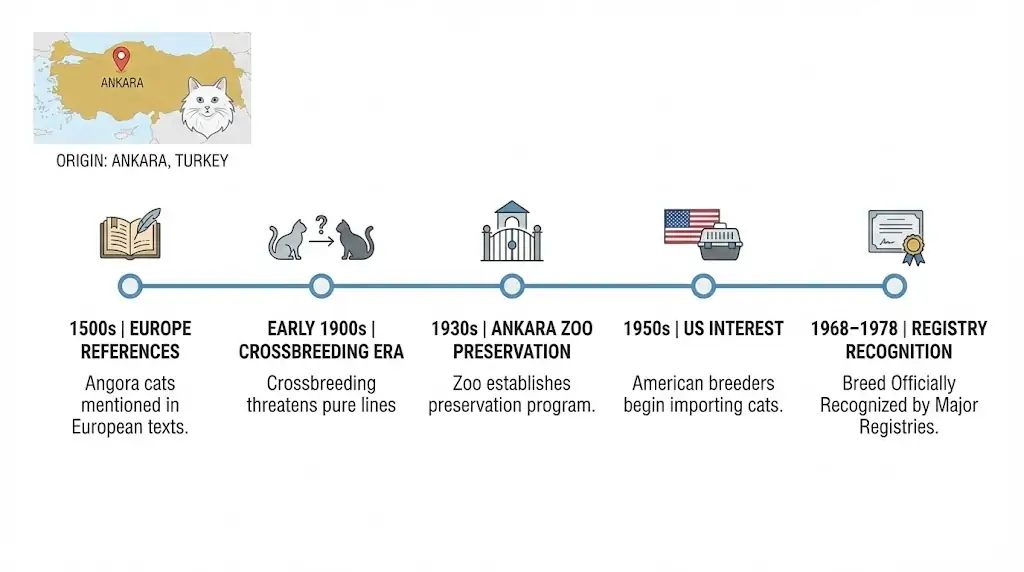 Timeline infographic of Turkish Angora breed history with Ankara map