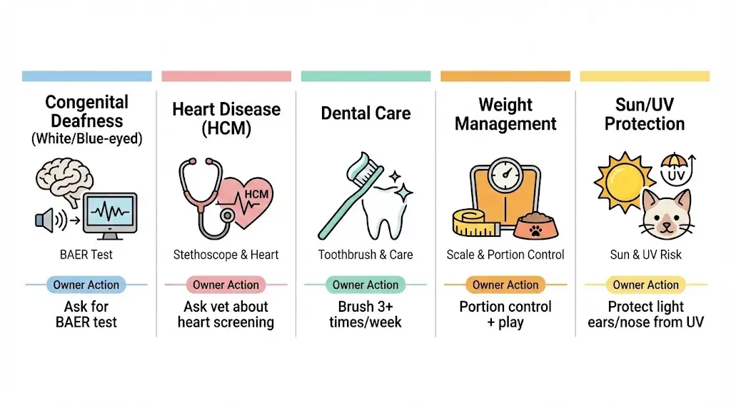 Health infographic for Turkish Angora showing key risks and owner actions