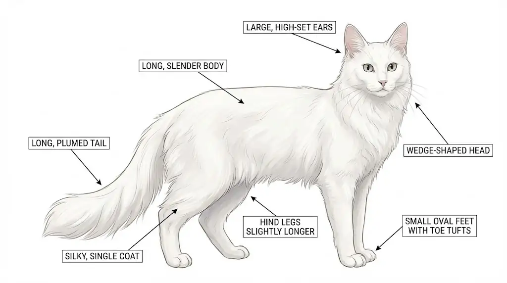Labeled diagram of Turkish Angora physical characteristics