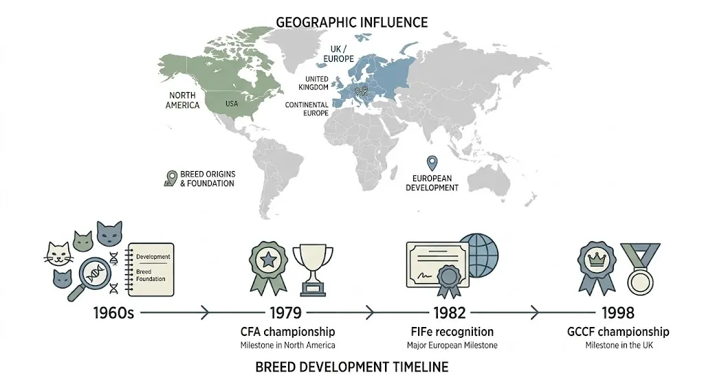 Somali cat breed history timeline showing key dates and regions (US, UK, Europe)
