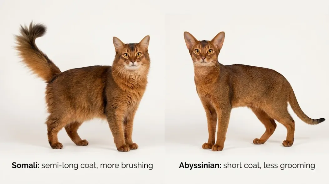 Side-by-side comparison of Somali cat (semi-long coat) and Abyssinian cat (short coat) with simple labeled differences