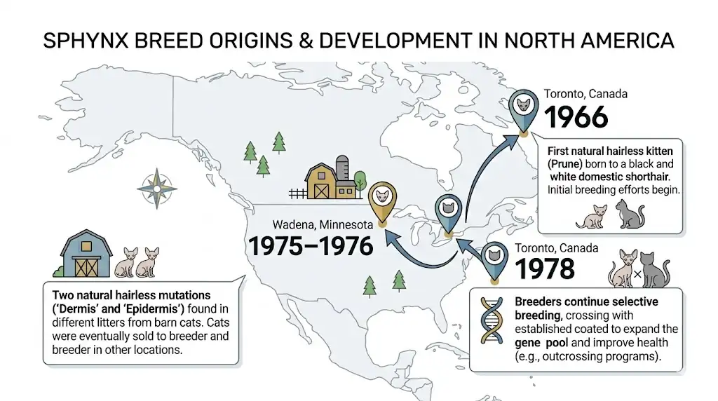 Map timeline showing key Sphynx breed development milestones in North America