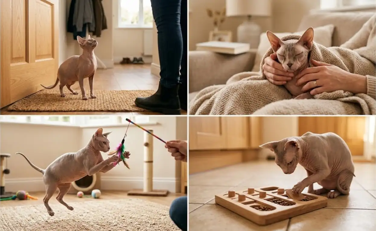 Collage showing Sphynx cat greeting owner, cuddling, playing, and using a puzzle feeder