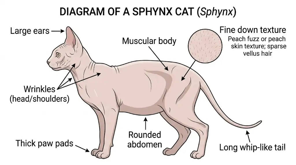 Labeled diagram of Sphynx cat physical characteristics
