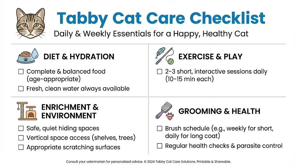 Checklist infographic for tabby cat care including feeding, play, enrichment, and grooming