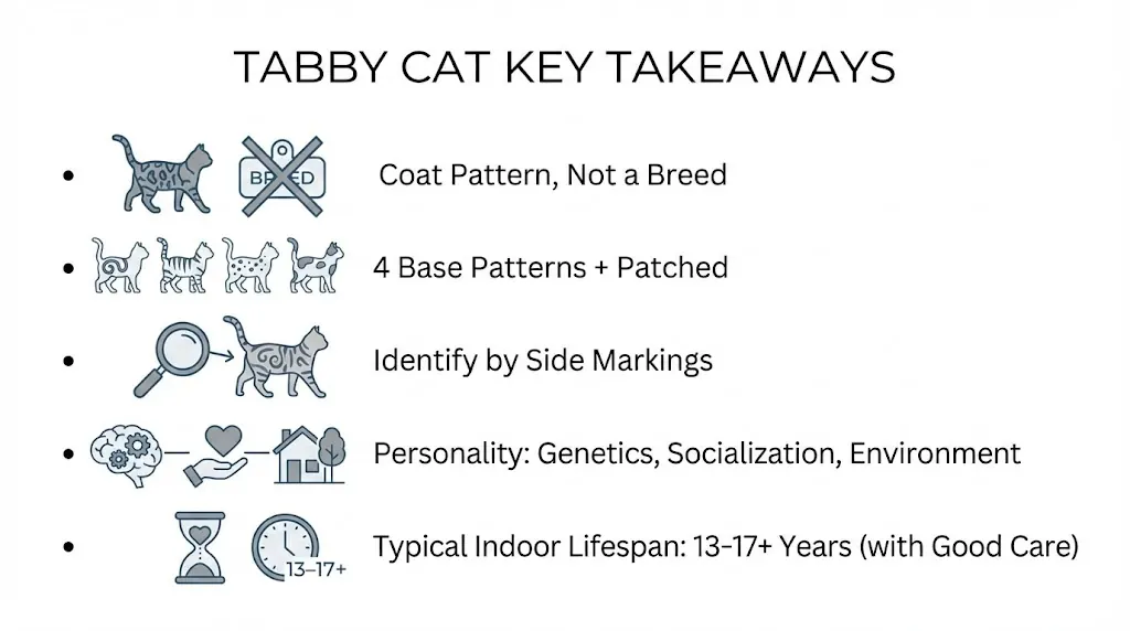 Key takeaways infographic summarizing what a tabby cat is and the main pattern types