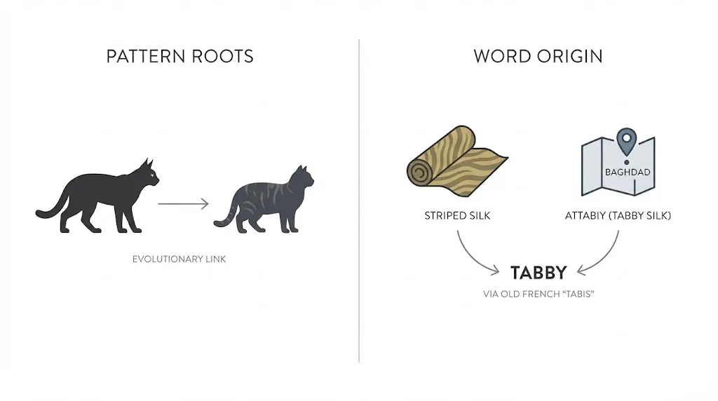 Timeline infographic showing tabby pattern roots in wildcats and the word tabby from striped silk