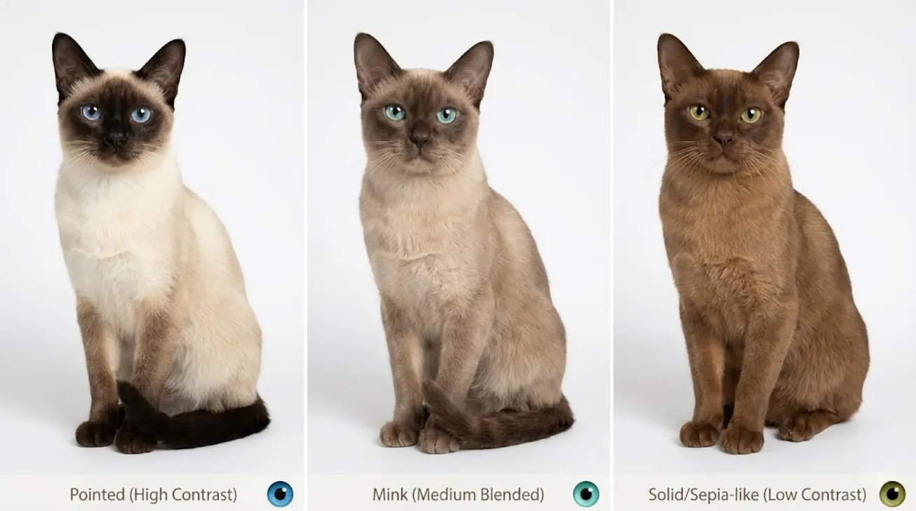 Side-by-side comparison of Tonkinese coat patterns pointed mink solid