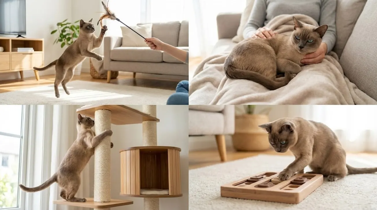 Montage showing Tonkinese cat playing climbing cuddling and using puzzle toy