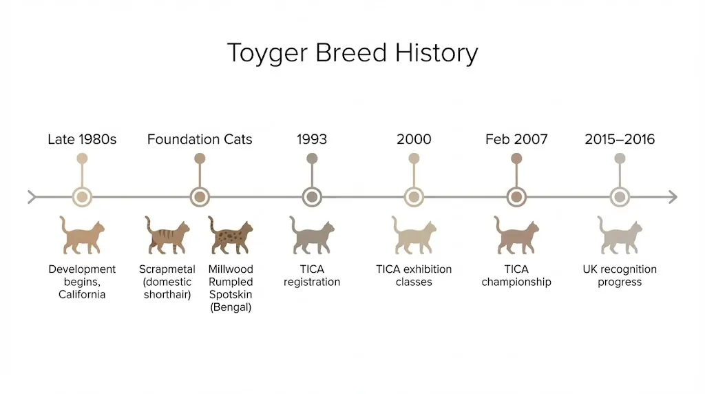 Timeline infographic showing Toyger development milestones and key foundation cats
