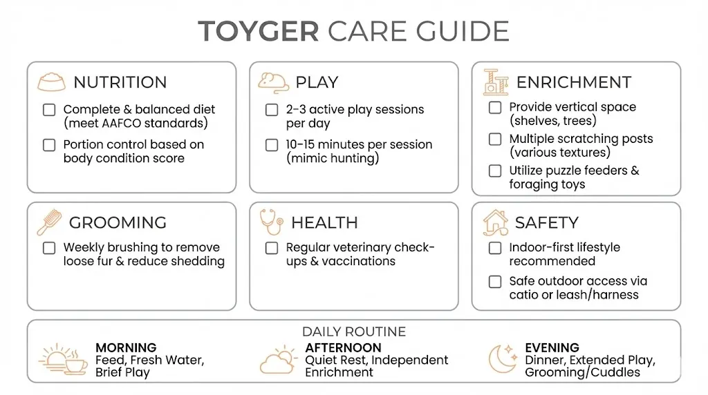 Checklist graphic for Toyger cat care including feeding play enrichment grooming and safety