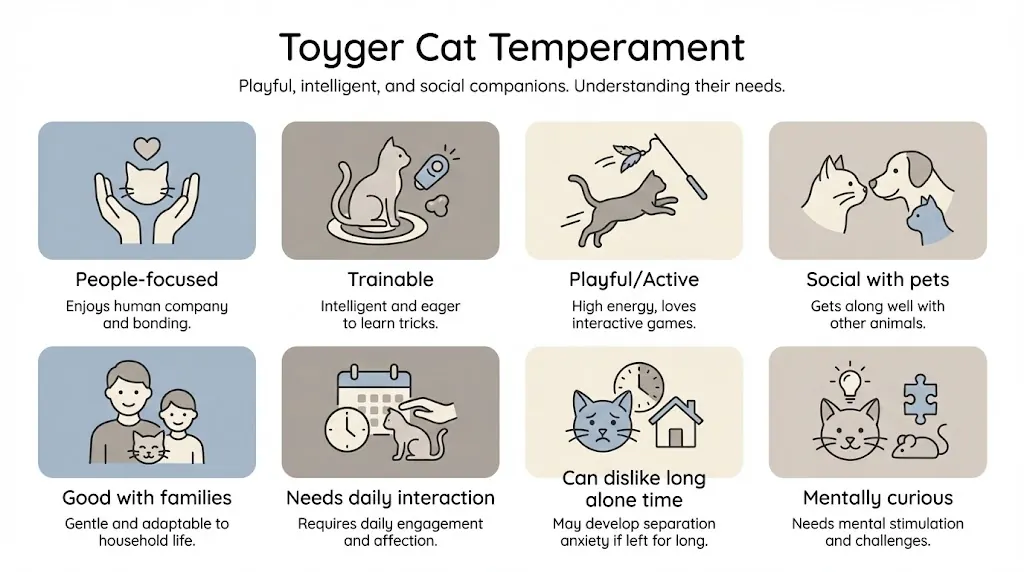 Infographic summarizing Toyger cat temperament traits and companionship needs