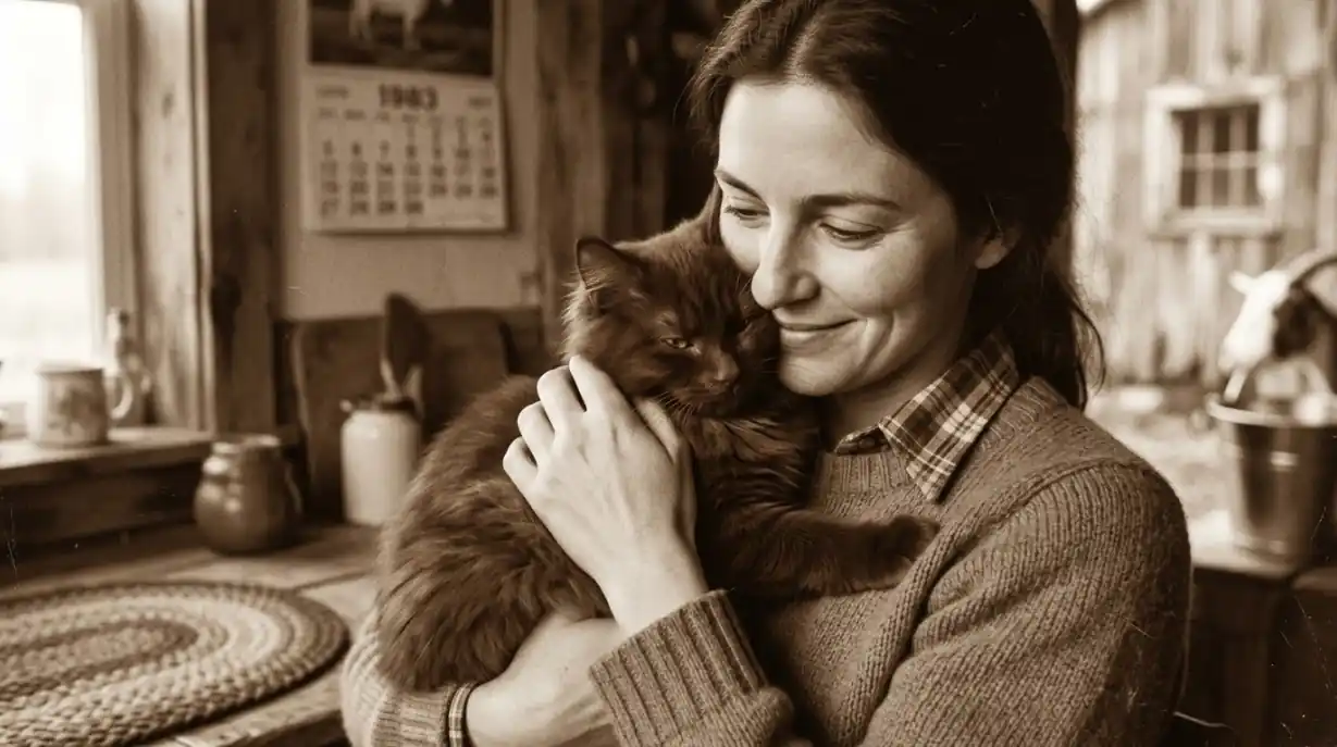 Image of the first York Chocolate cat, Brownie, alongside its breeder