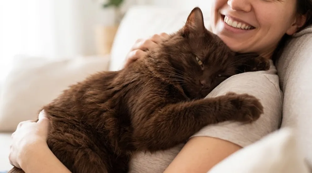 York Chocolate Cat cuddling with a person