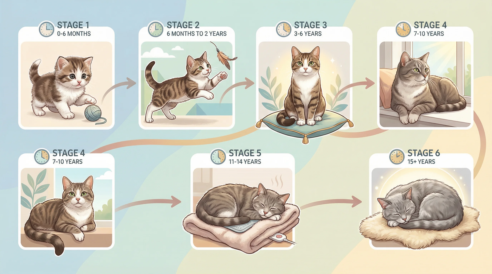 Illustration showing the six life stages of a cat from kitten to geriatric
