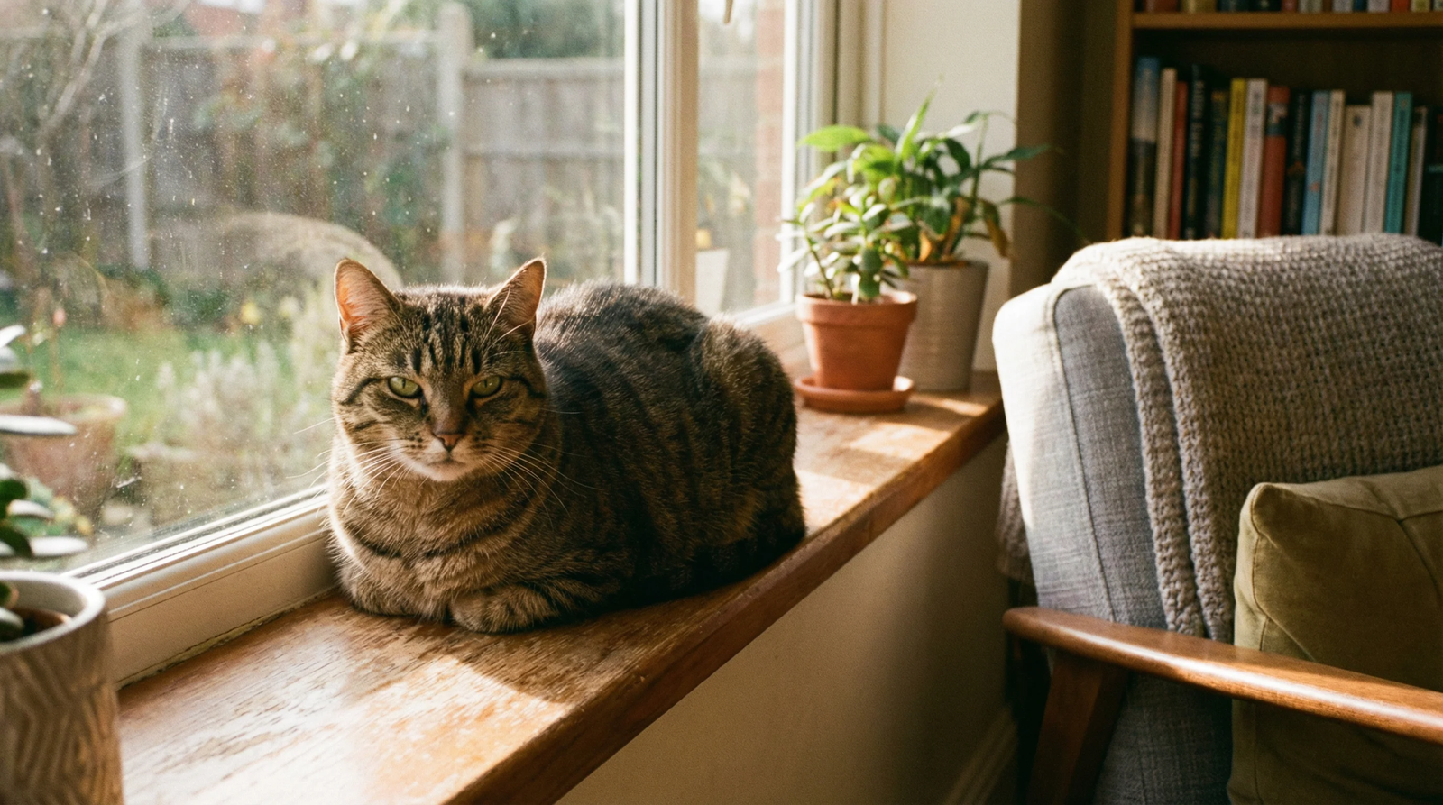 A healthy tabby cat sitting by a sunny window, representing indoor longevity