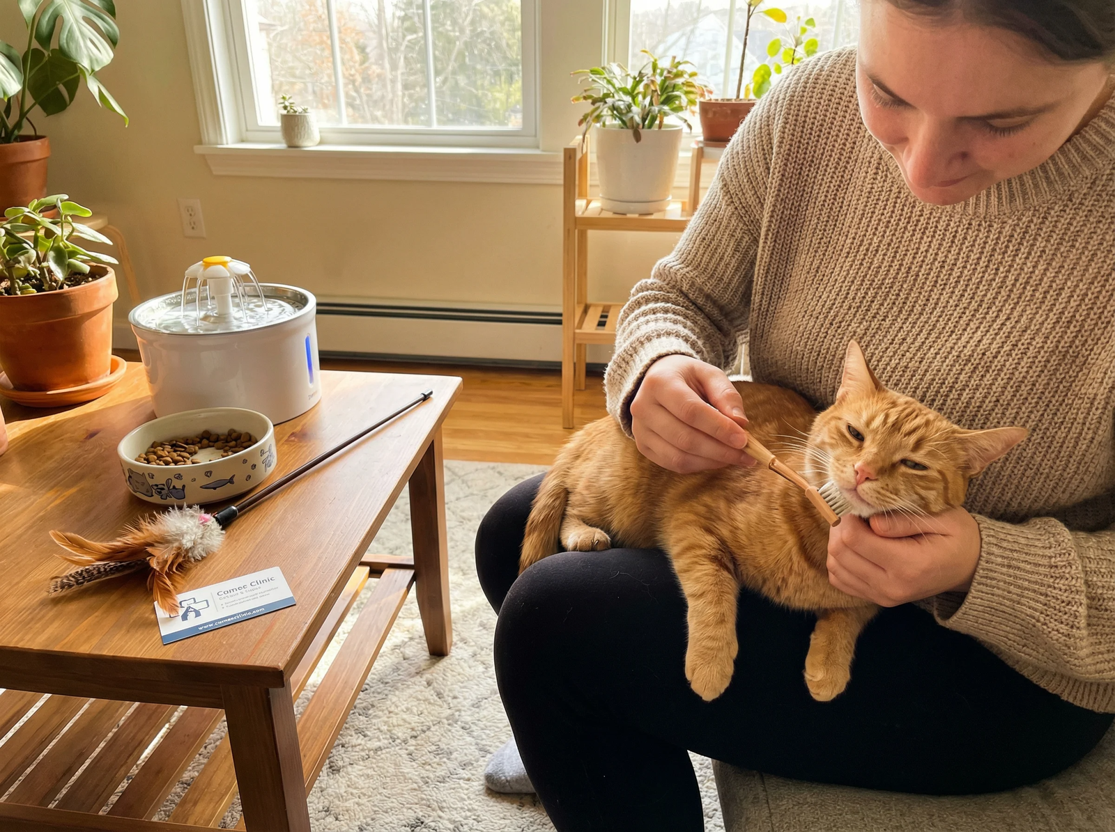 Owner performing preventive care by brushing a cat's teeth at home