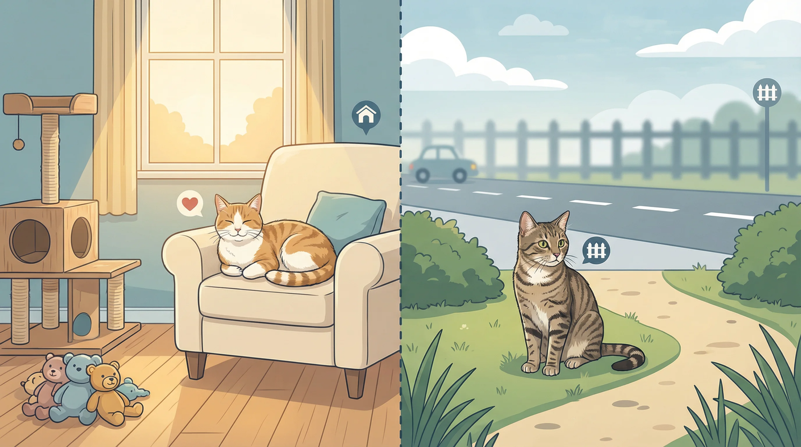 Illustration comparing a safe indoor cat environment with a risky outdoor environment