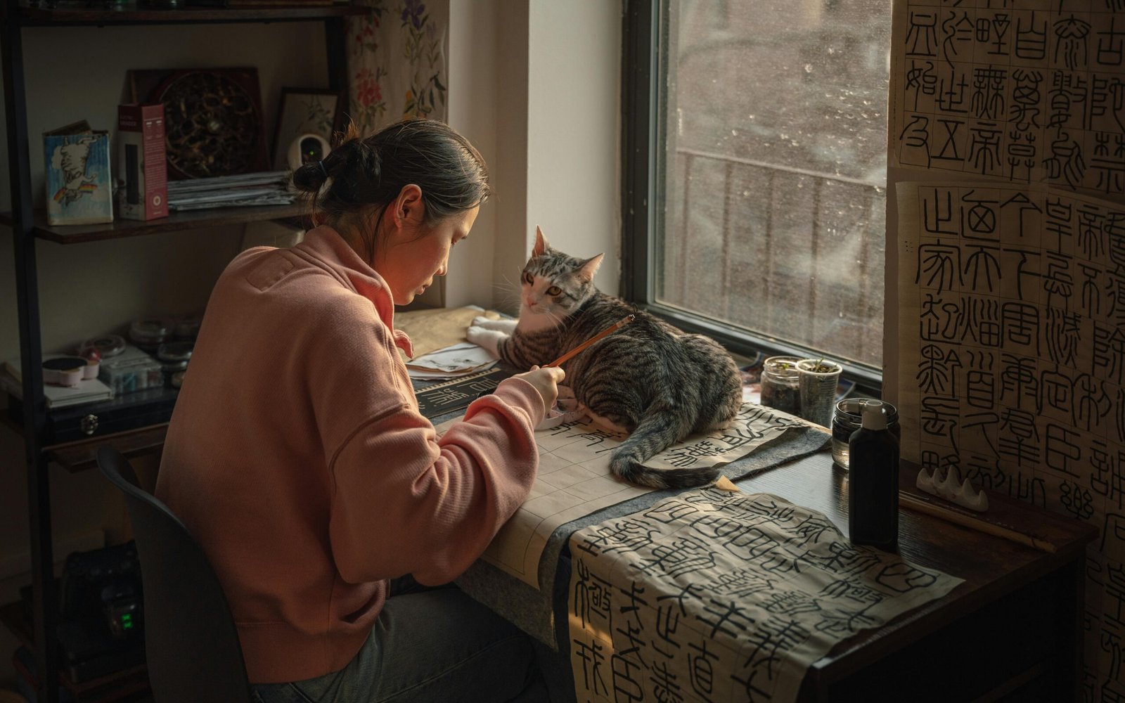 A woman focuses on Chinese calligraphy beside a cat in a cozy New York apartment.