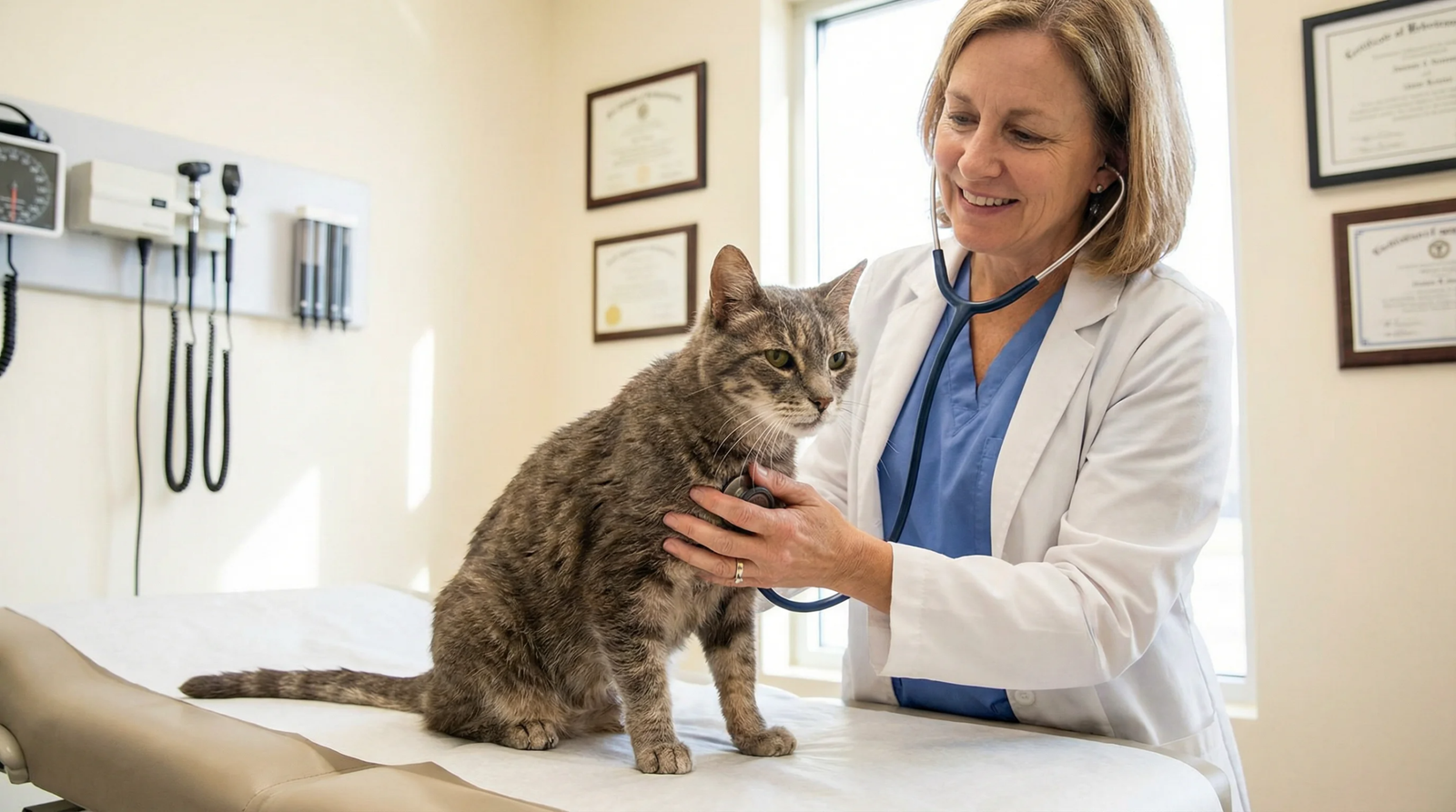 A veterinarian gently examining a senior cat in a clinic