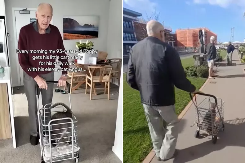 From left: Walter Annett, 93, pushes Angus in a cart during their morning walk