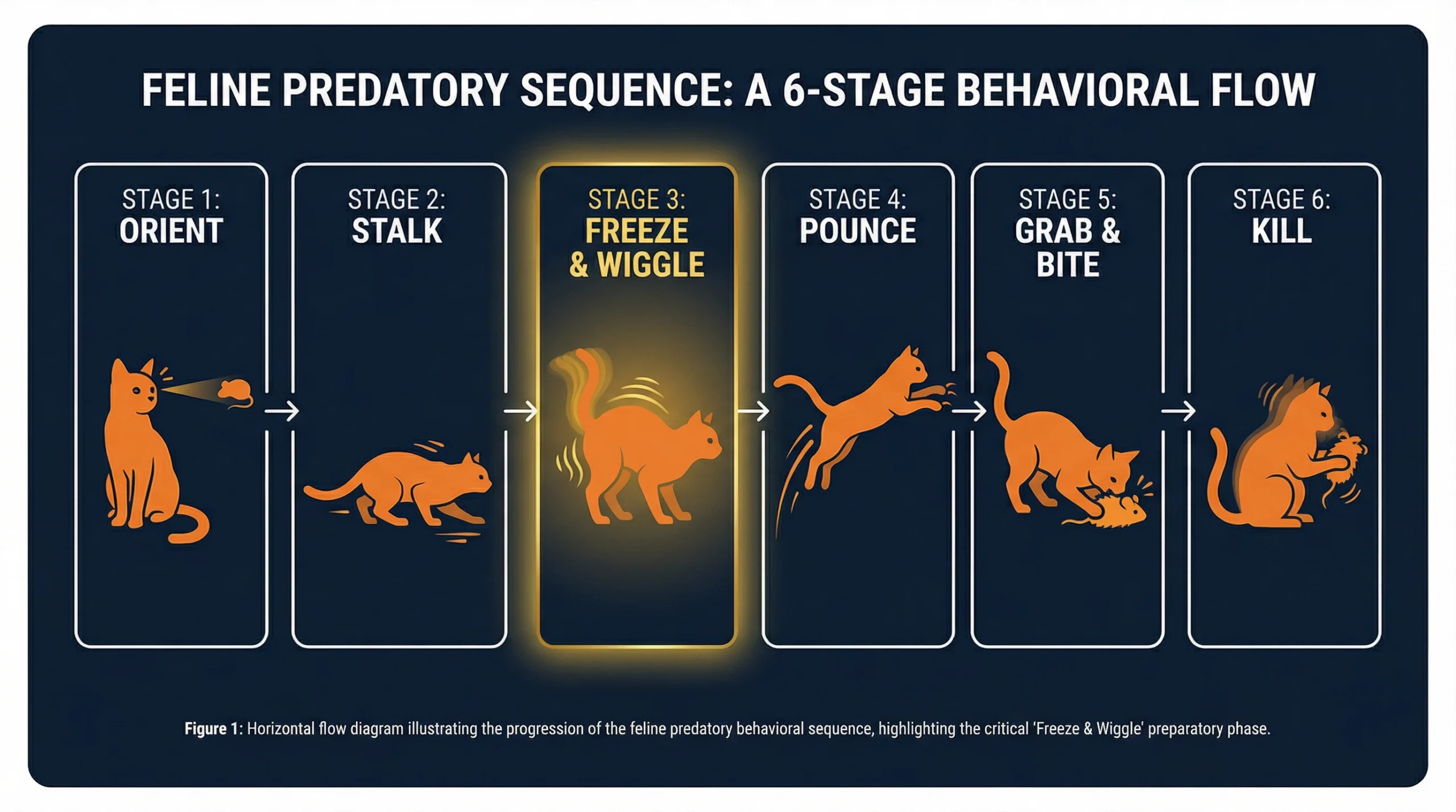 The 6-stage feline predatory sequence