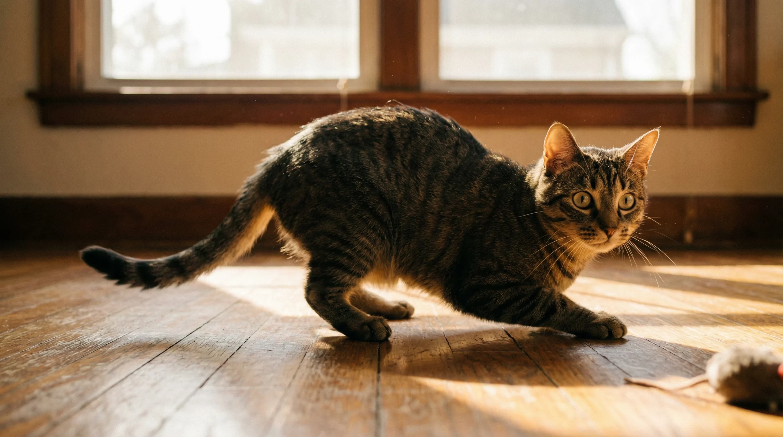 Tabby cat wiggling before pouncing