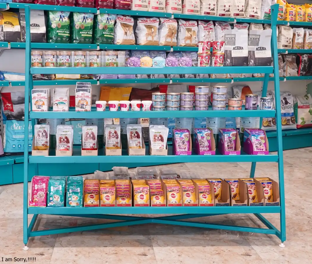 Display of packaged pet products arranged for retail viewing