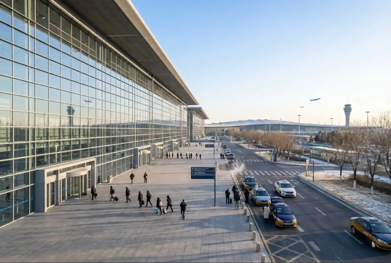 Exterior of a large Beijing exhibition center with multiple entrances and drop-off area