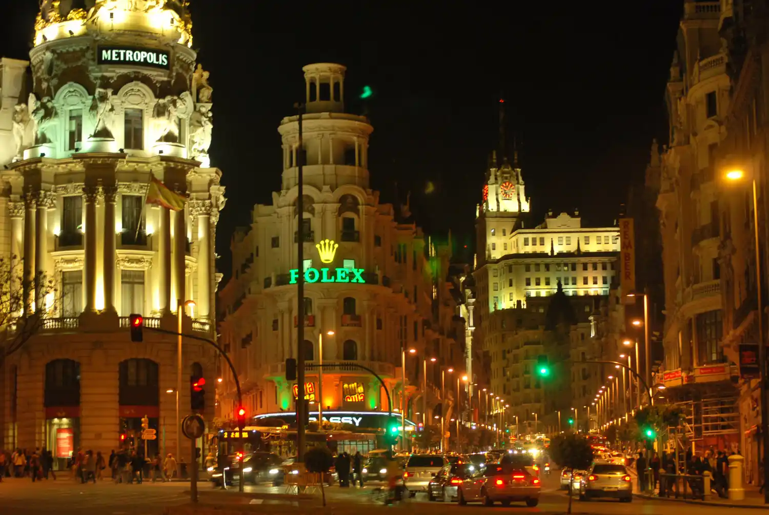 Night view near Gran Vía and Calle de Alcalá, central Madrid