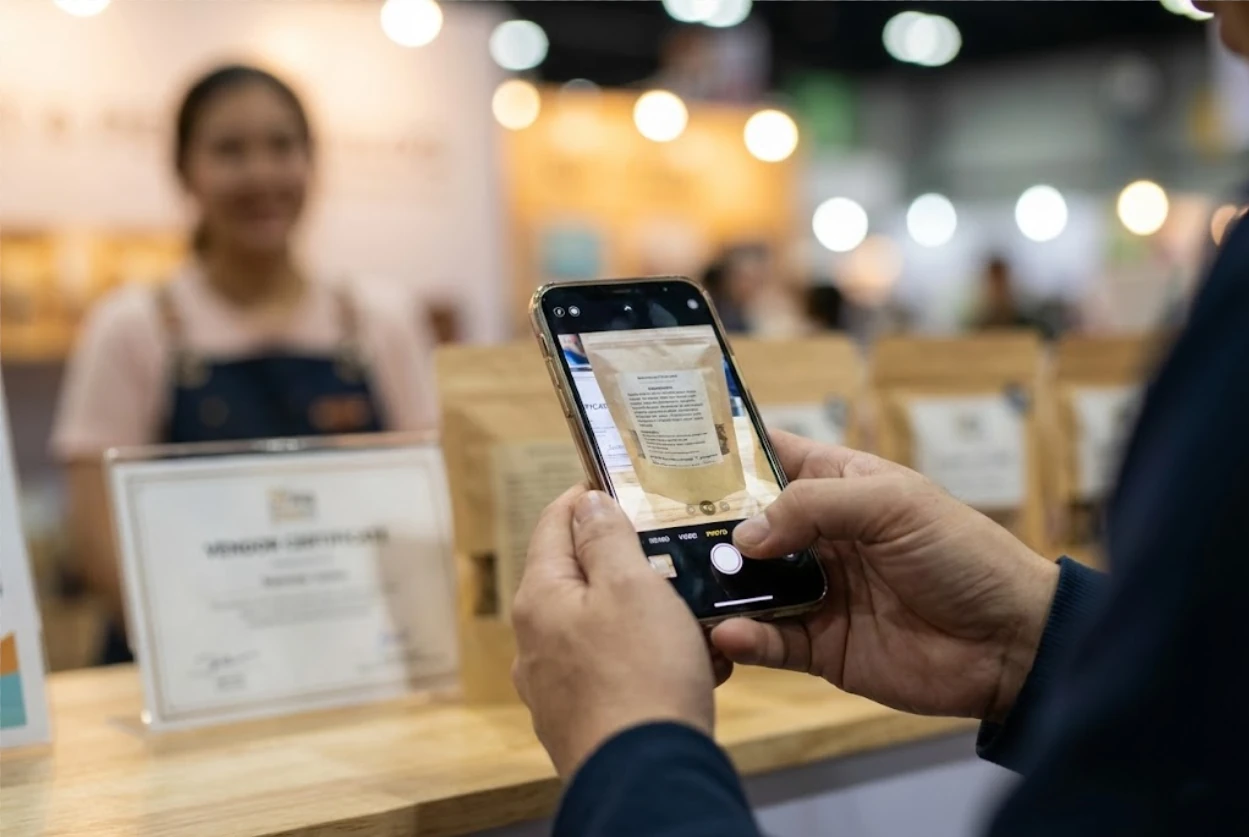 Visitor photographing product labels at a booth to verify details later