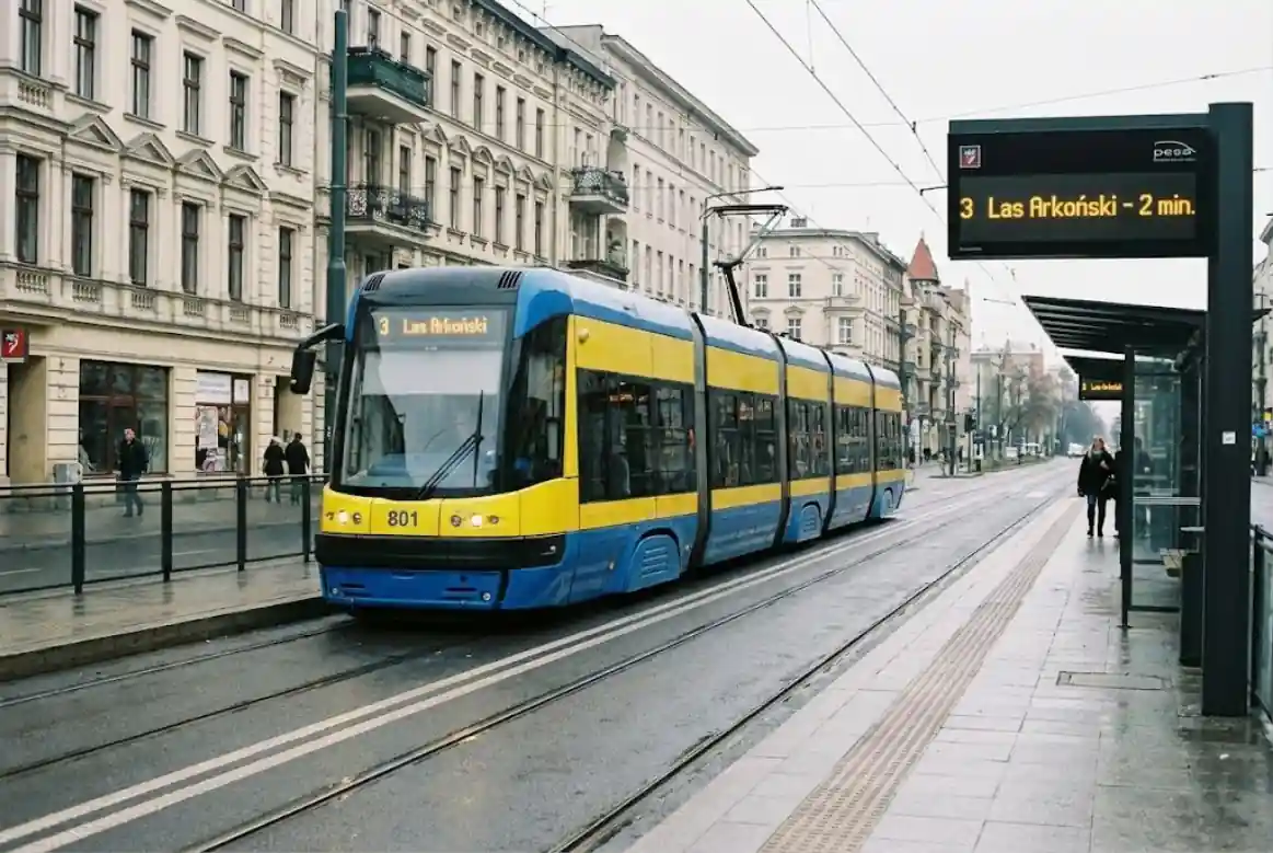A blue and yellow Szczecin tram moving along a city street