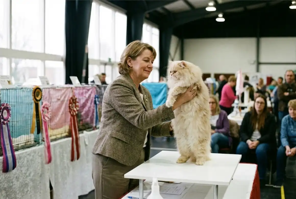 A cat show judge gently handling a fluffy cat on an examination table