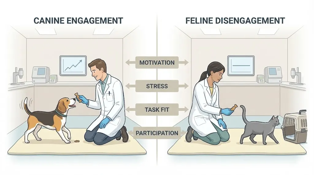 Illustration showing how lab setup and motivation can bias cat vs dog intelligence tests