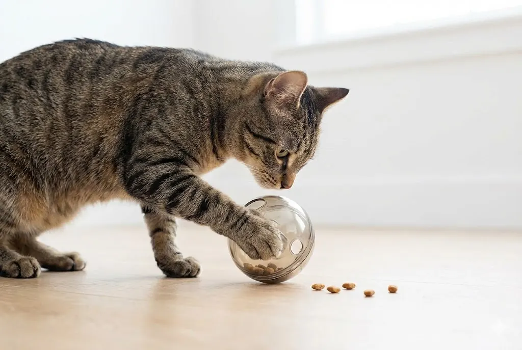 Cat solving a puzzle feeder to access treats, illustrating independent problem-solving