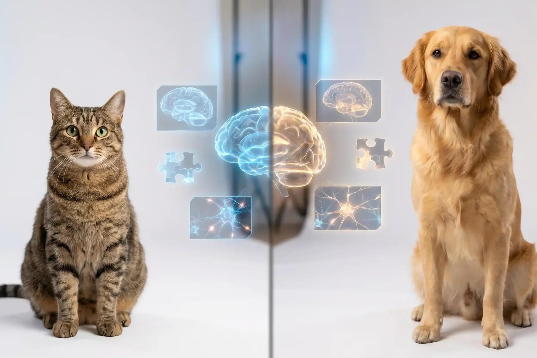 A cat and dog sitting side by side with brain and neural network icons between them, representing the cat vs dog intelligence debate