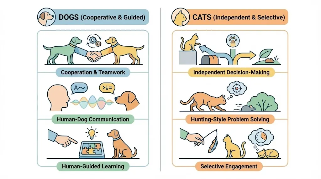 Balanced infographic comparing dog cooperation and cat independence without ranking