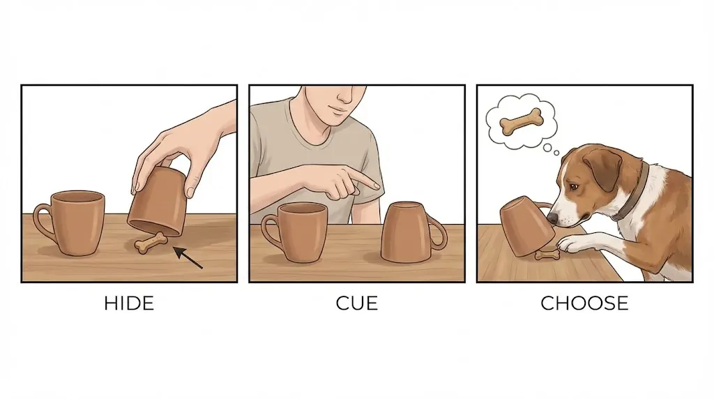 Diagram of a pointing test showing a dog using a human cue to choose the correct cup