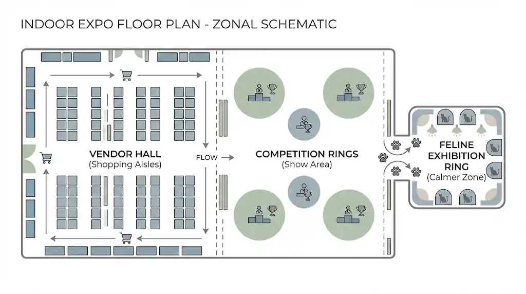 Diagram showing vendor hall, competition rings, and dedicated feline exhibition at Fimascota 2026