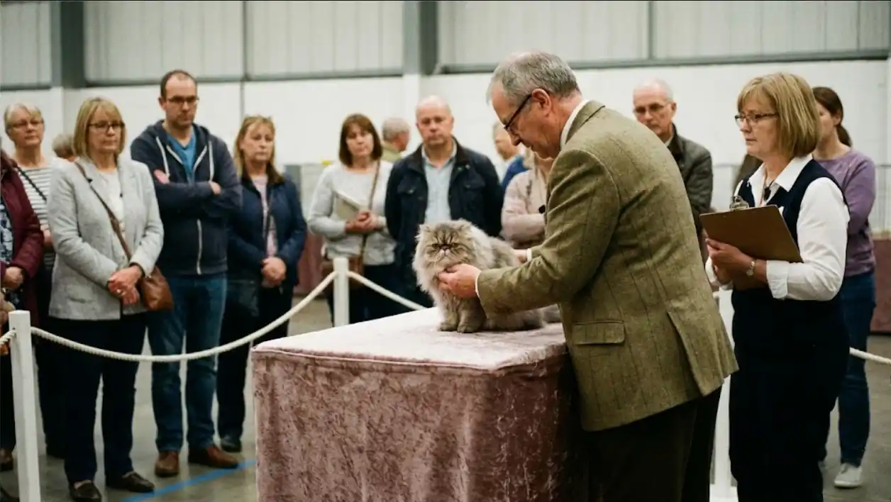 Cat show judging ring scene with judge, steward, and calm crowd distance