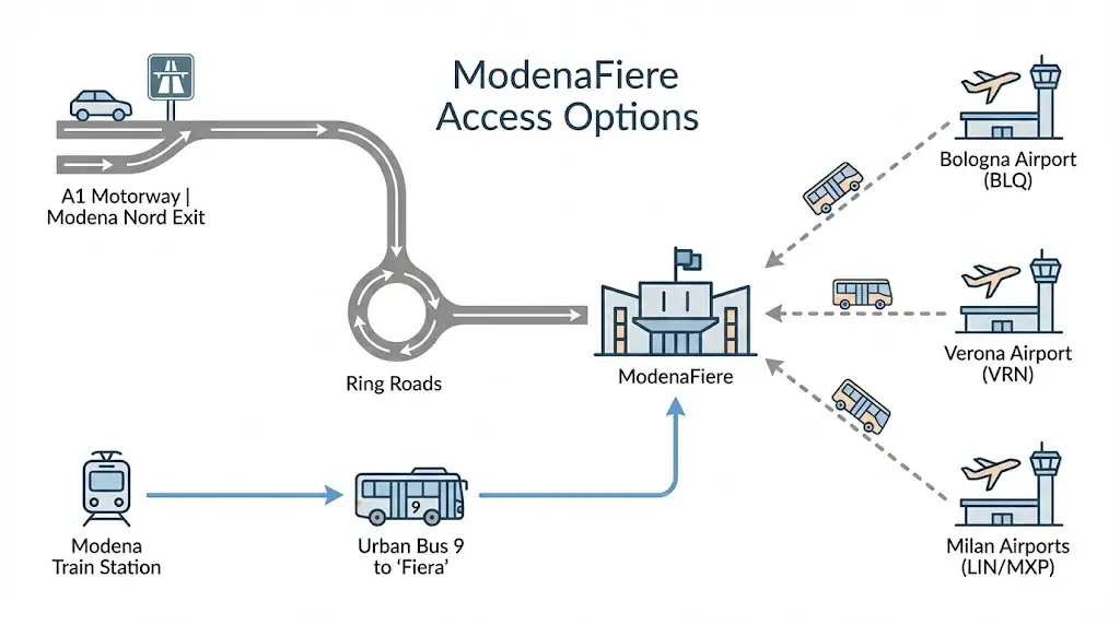 Infographic showing ModenaFiere access options for Pet Expo & Show Modena 2026