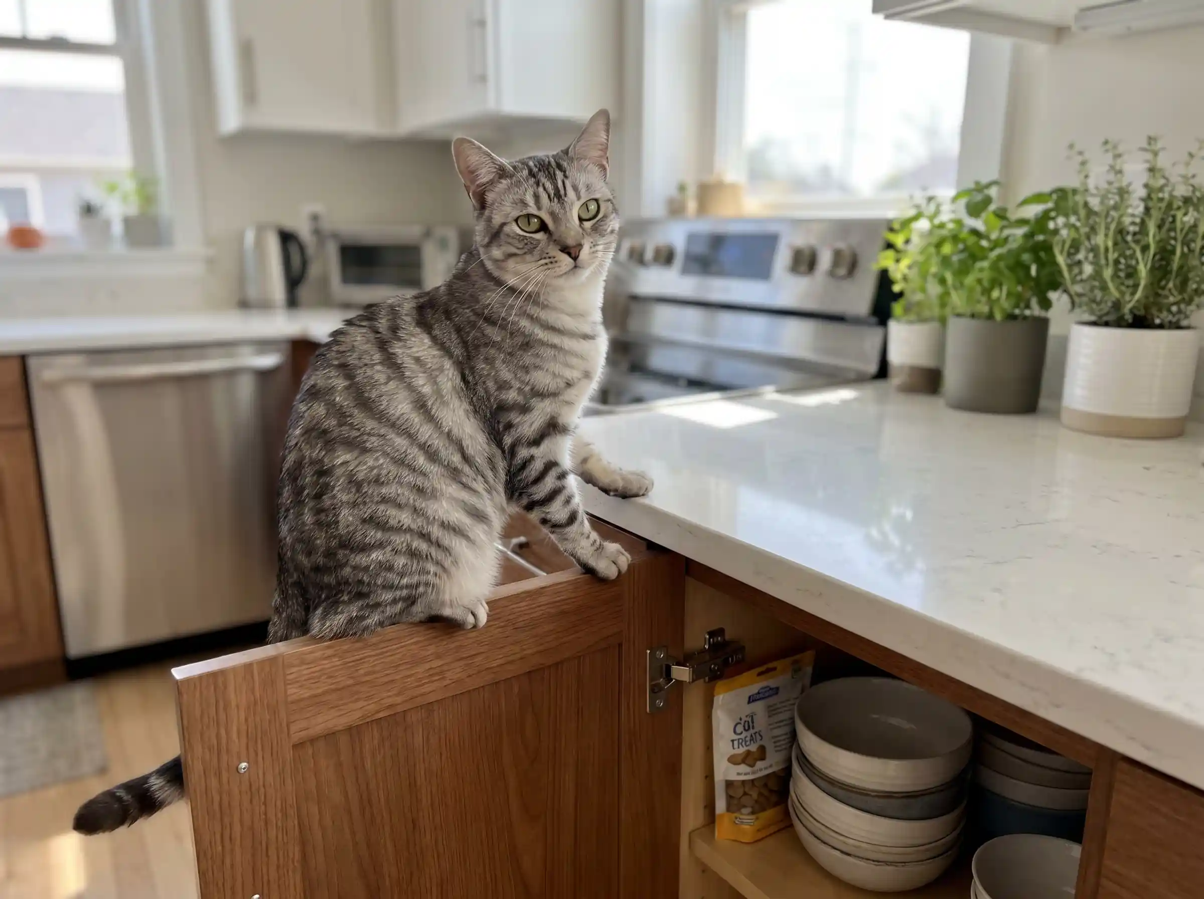 A silver tabby cat sitting confidently on a kitchen counter with an open cabinet, demonstrating feline problem-solving and adaptive intelligence
