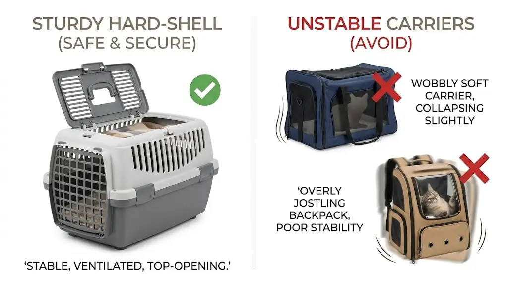 Side-by-side comparison of stable hard-shell carrier with top access versus unstable carriers
