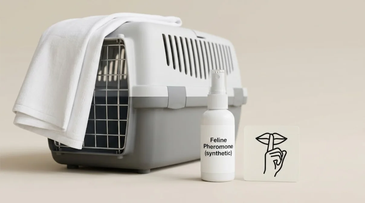 Visual showing a partially covered cat carrier and calming travel setup without sedation
