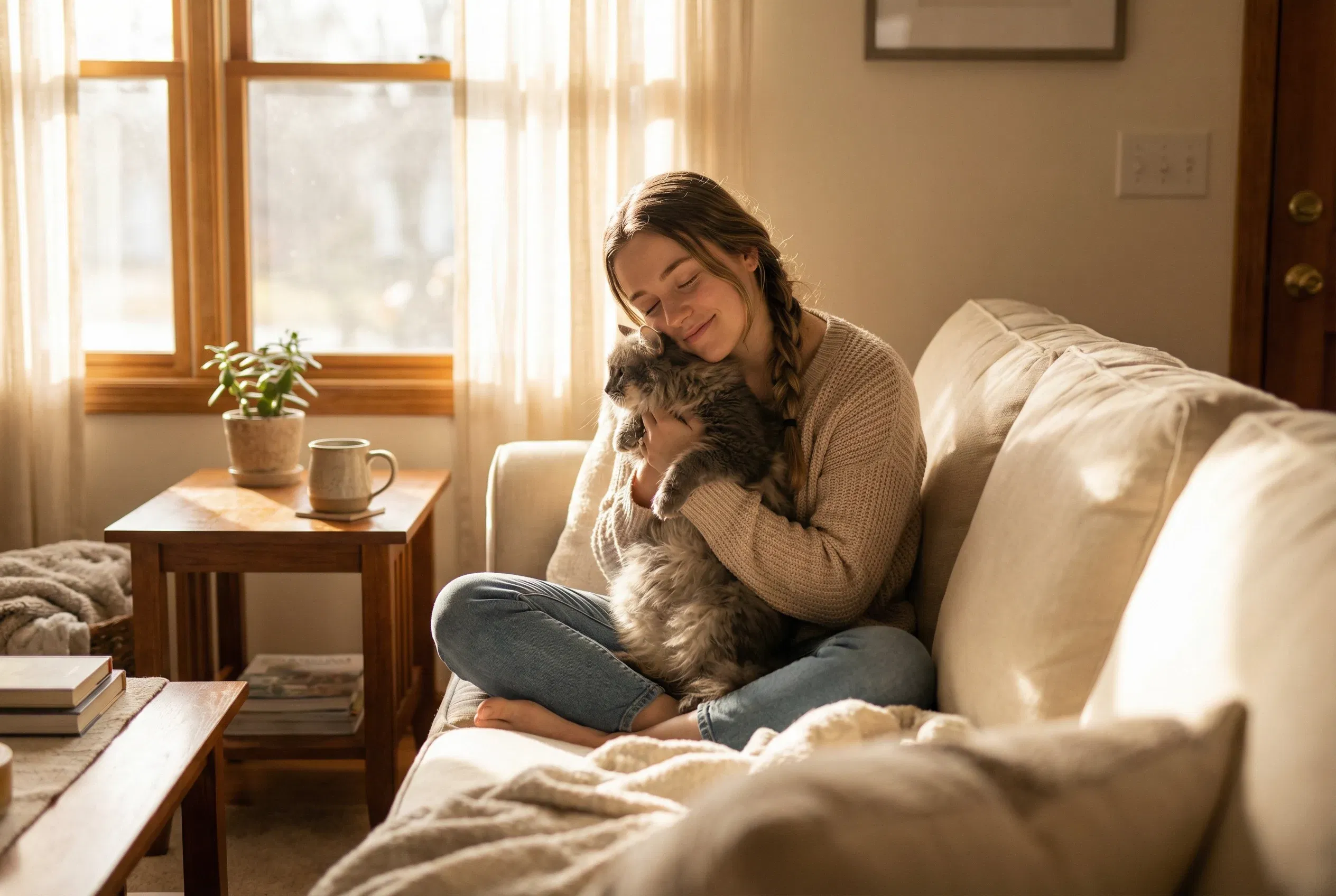 A woman thoughtfully considering cat adoption with a readiness checklist and a tabby cat on her lap